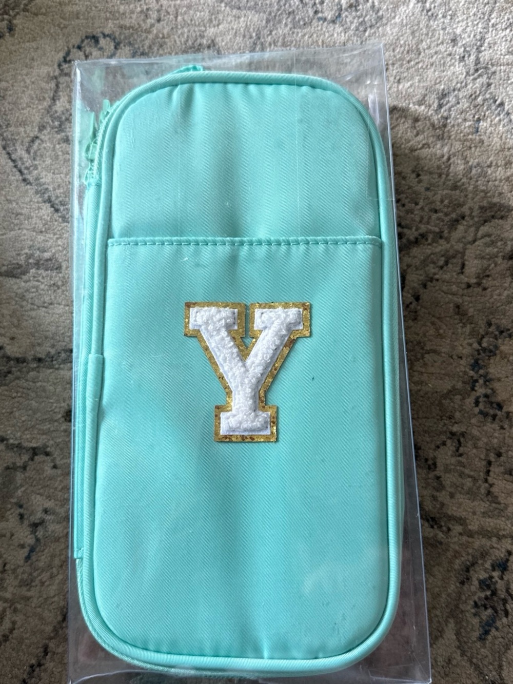 Aqua Zippered Pencil case with White Gold 'Y' Patch